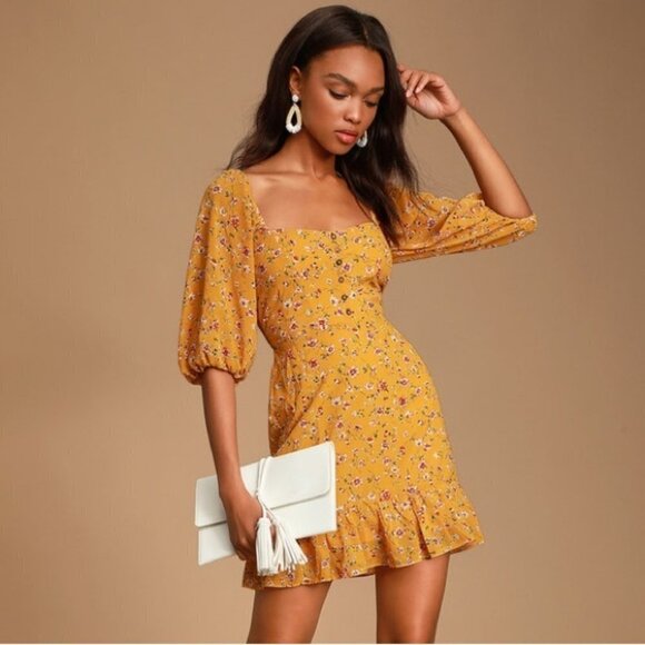 Lulus Trixiebelle Mustard Yellow Floral Print Ballon Sleeve Ruffle Dress Size S - Picture 3 of 16